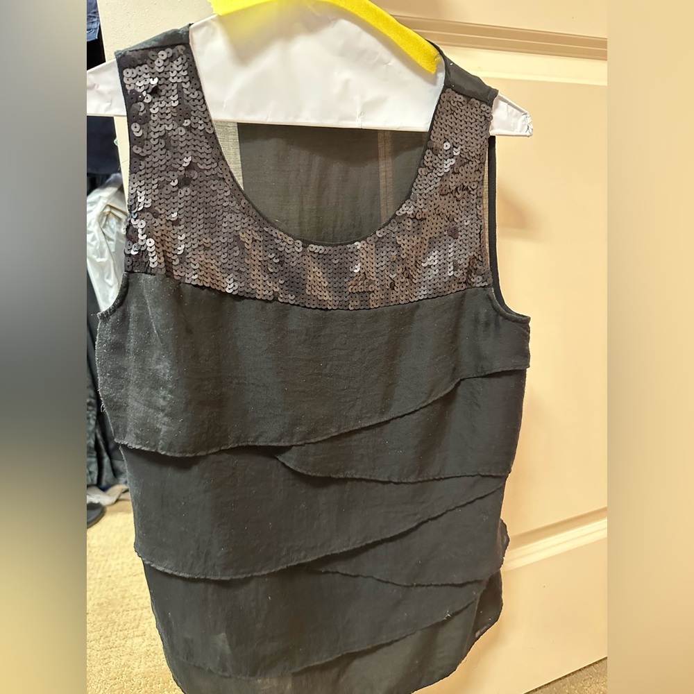 LOFT Black tank with layers and sequins on top